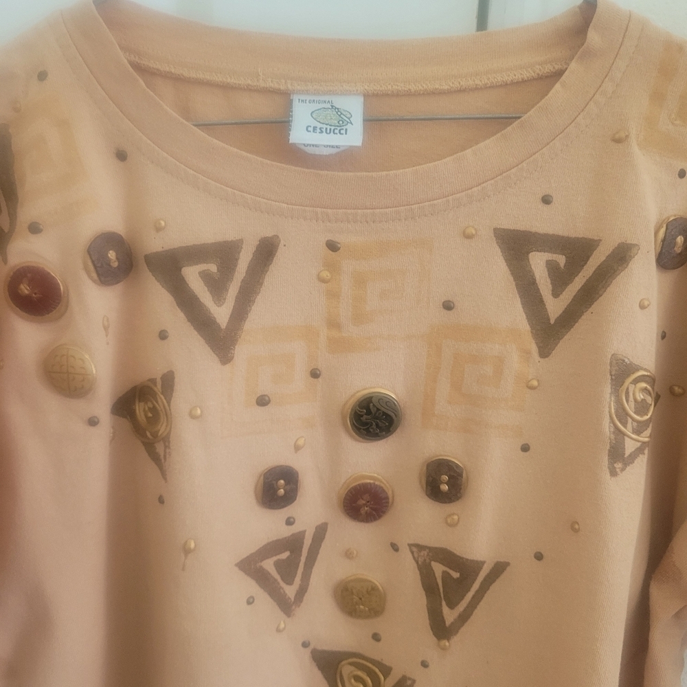 Vintage 90s Cesucci Hand Painted Embellished Tee Tan Brown Geometric Art Shirt - Picture 8 of 10